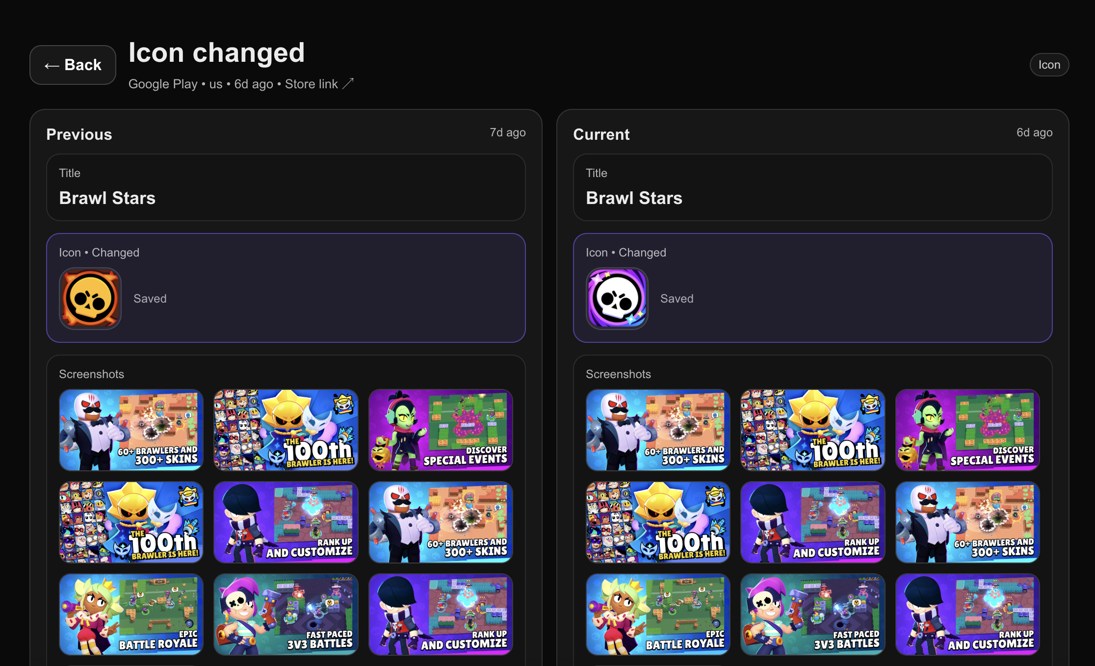 ASO Alerts comparison showing an icon change for Brawl Stars.
