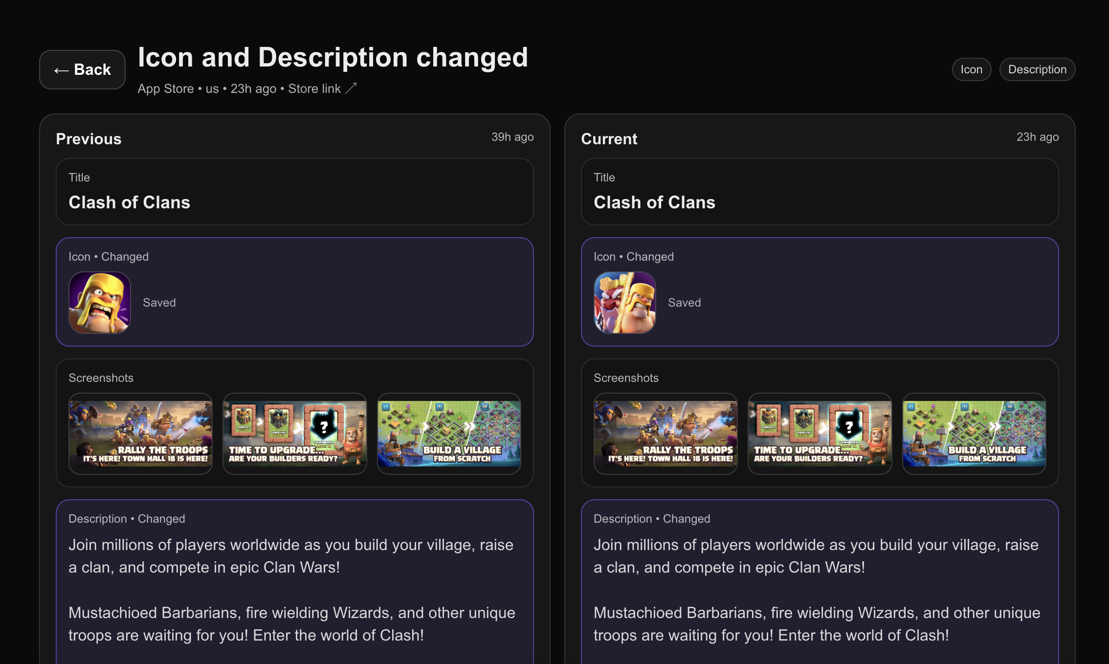 ASO Alerts comparison showing icon and description changes for Clash of Clans.