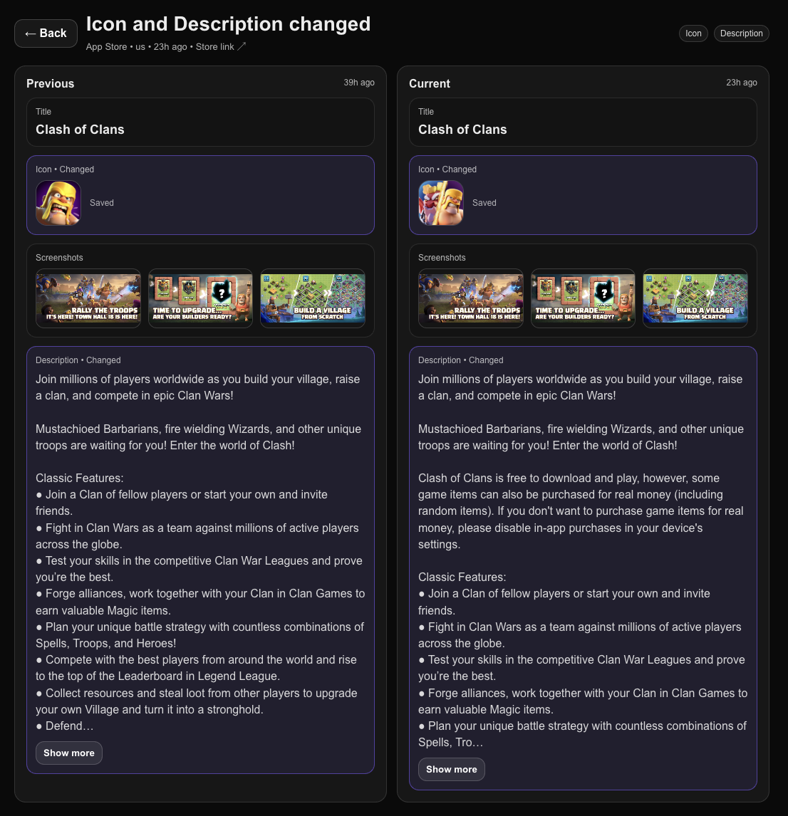 ASO Alerts comparison showing previous and current app descriptions.