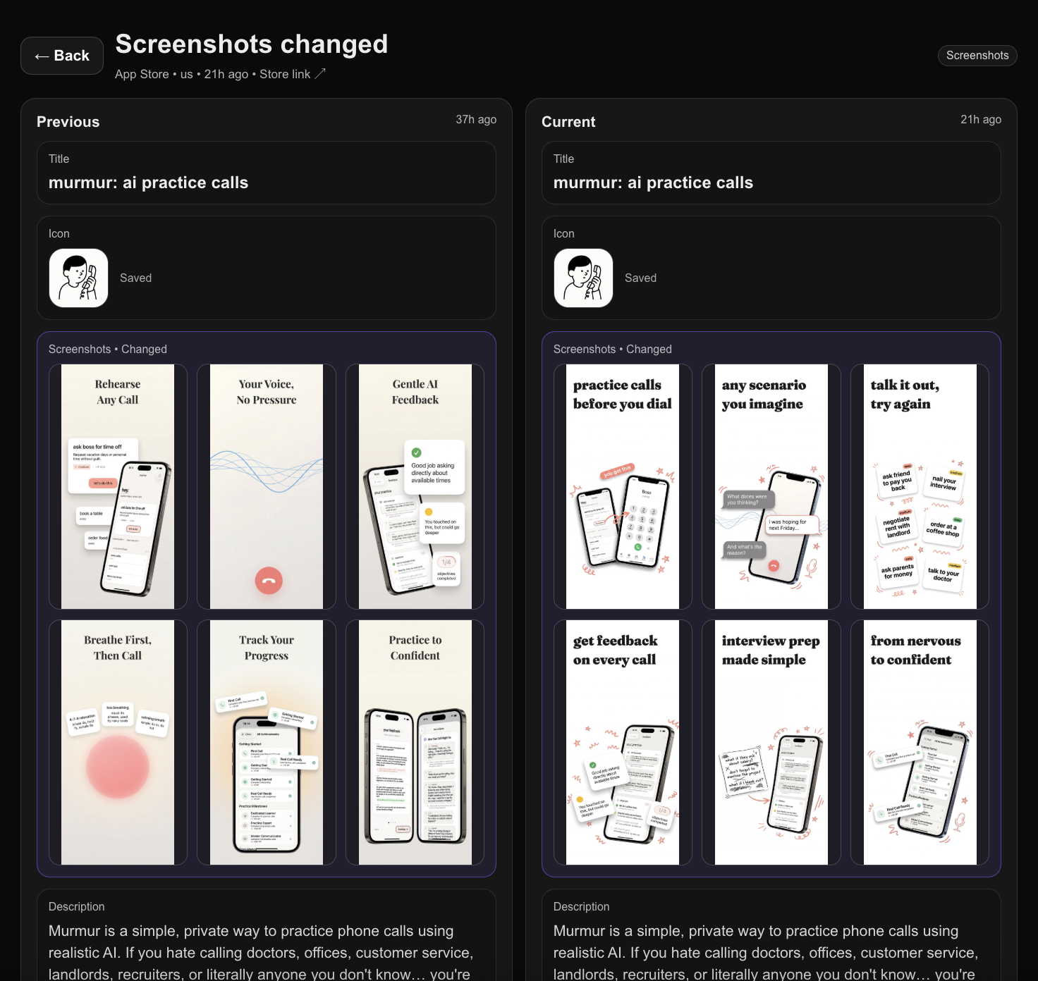 ASO Alerts comparison showing previous and current app screenshots.